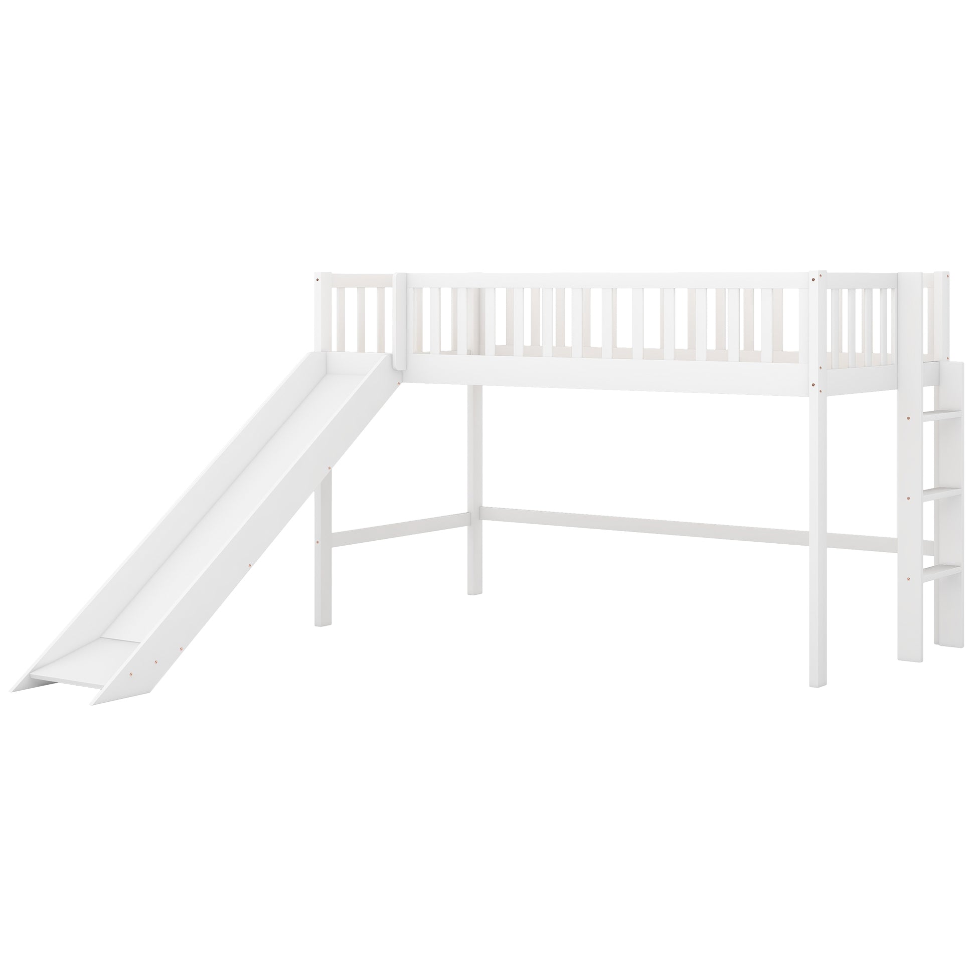 White wooden loft bed with slide and ladder