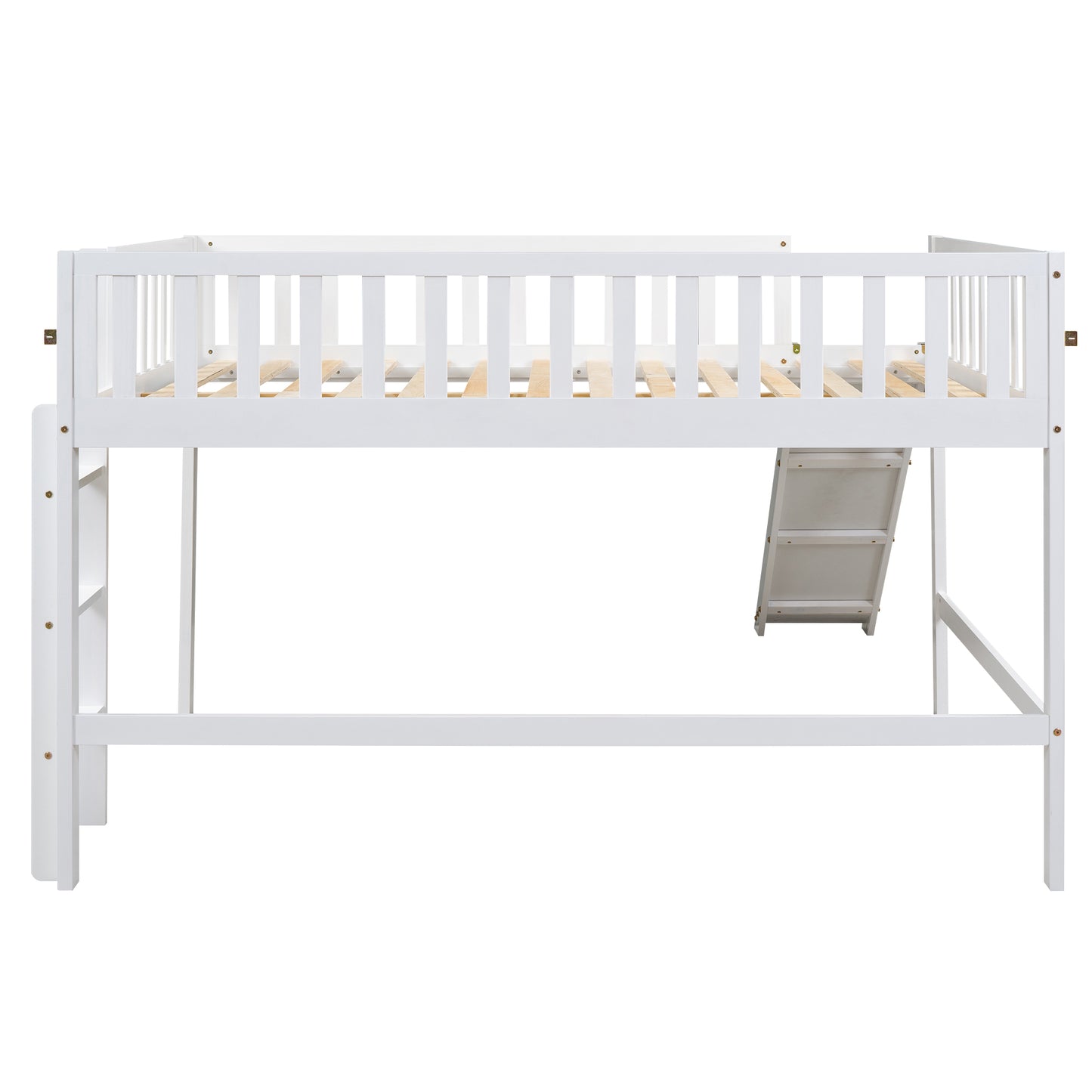 White wooden loft bed with ladder and slide for kids