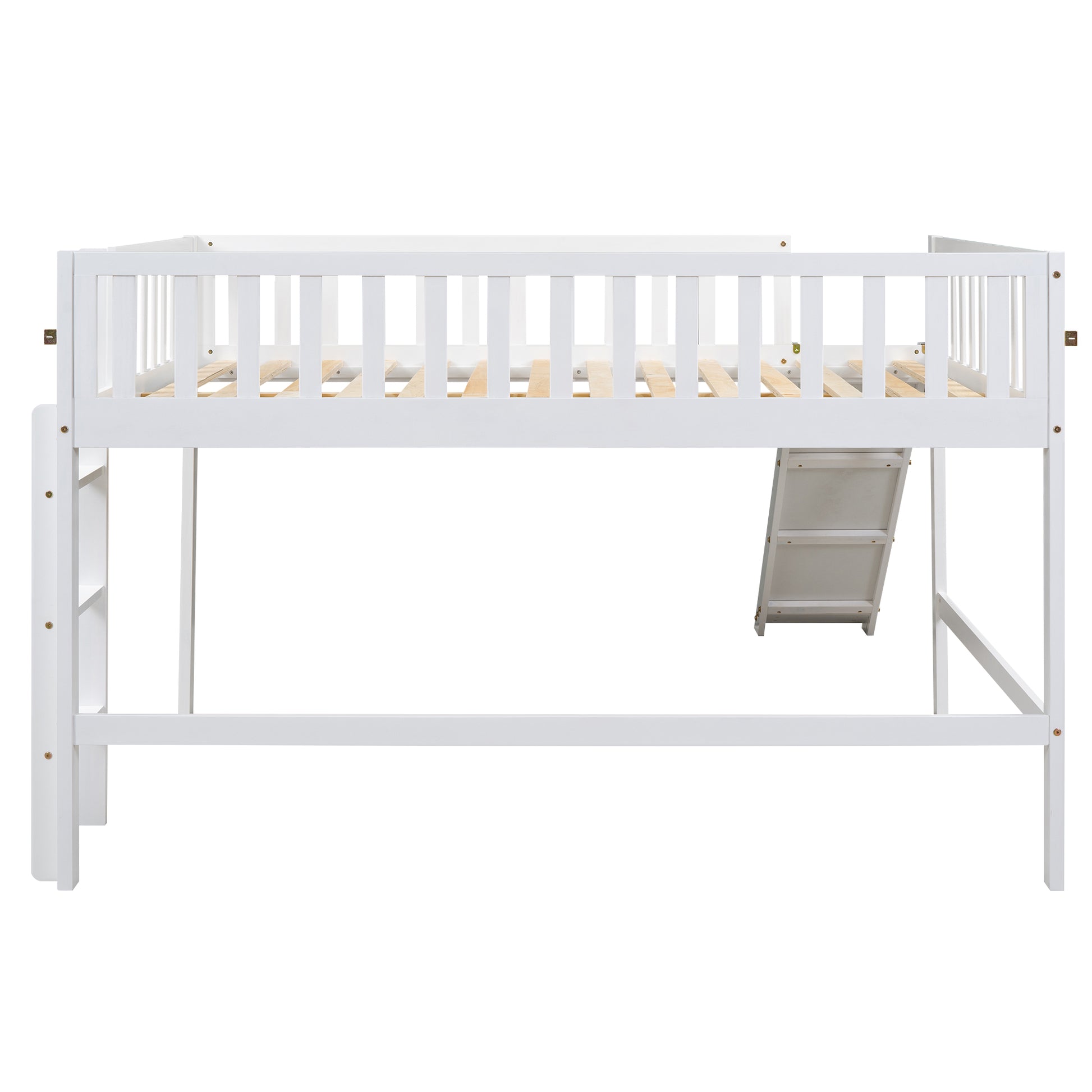 White wooden loft bed with ladder and slide for kids