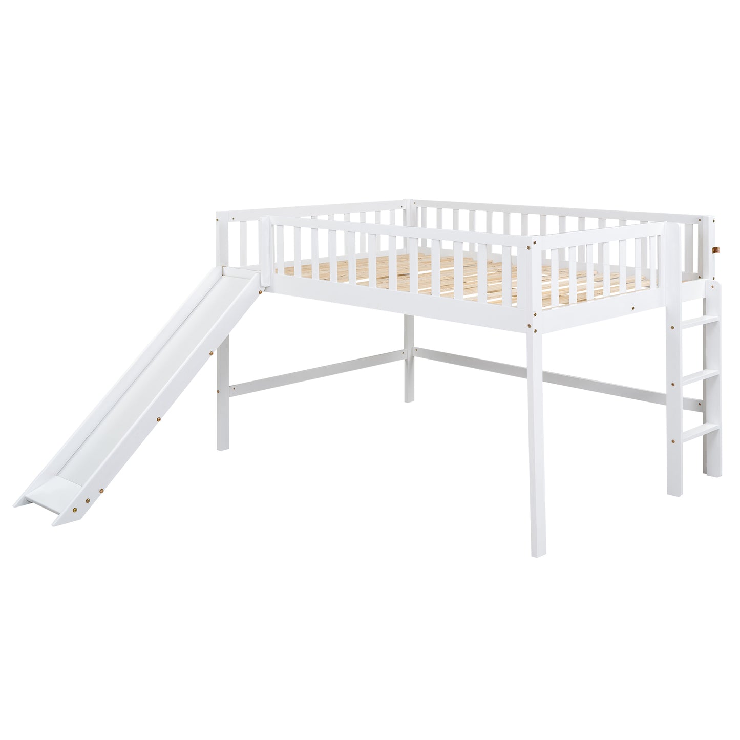 White wooden loft bed with slide and ladder for kids room