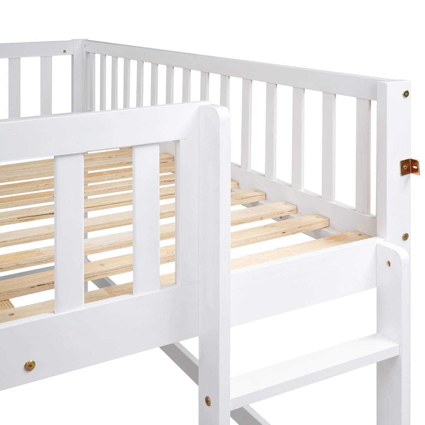 White wooden toddler bed frame with safety rails and slatted base