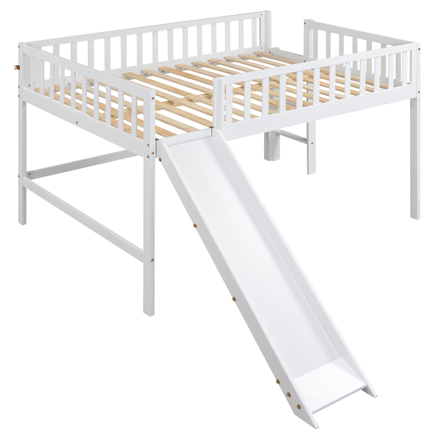 White wooden loft bed with attached slide and safety rails
