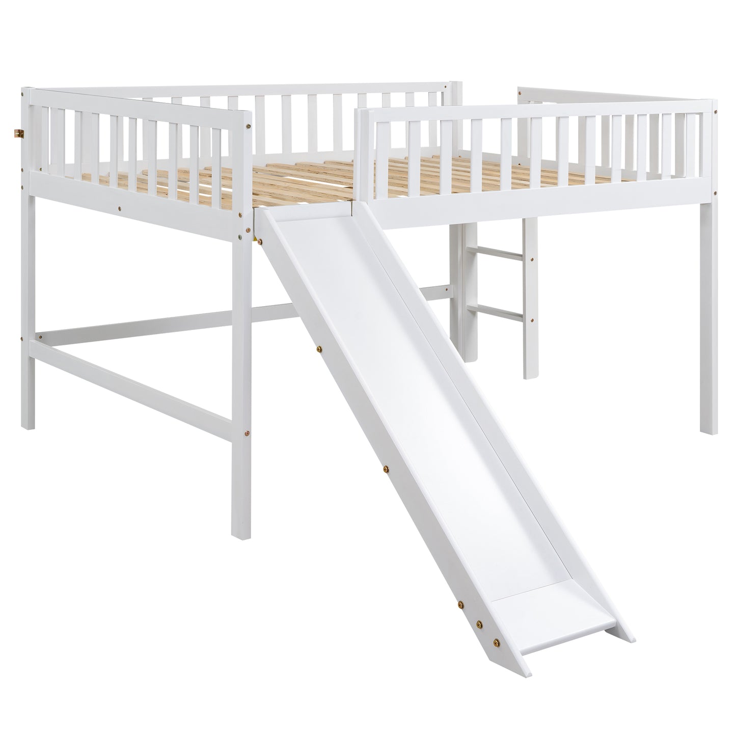White wooden loft bed with integrated slide and guardrails