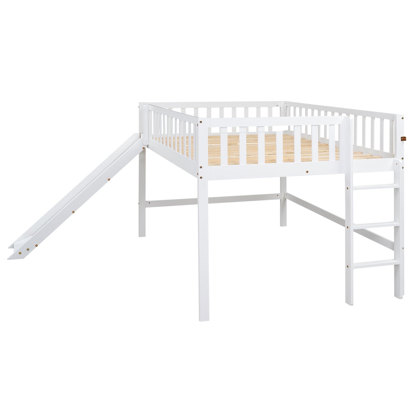 White wooden loft bed with slide and ladder for kids