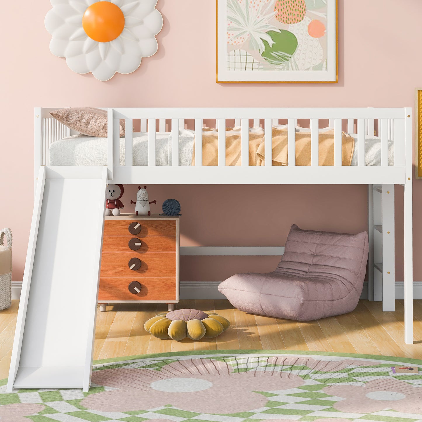 White wooden loft bed with a slide perfect for kids rooms