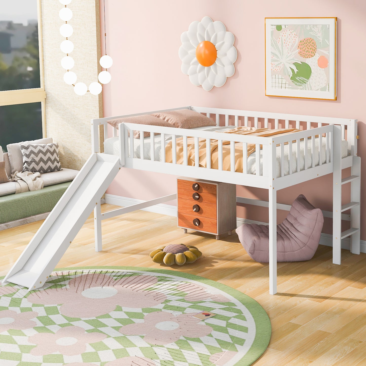 White wooden loft bed with slide and ladder