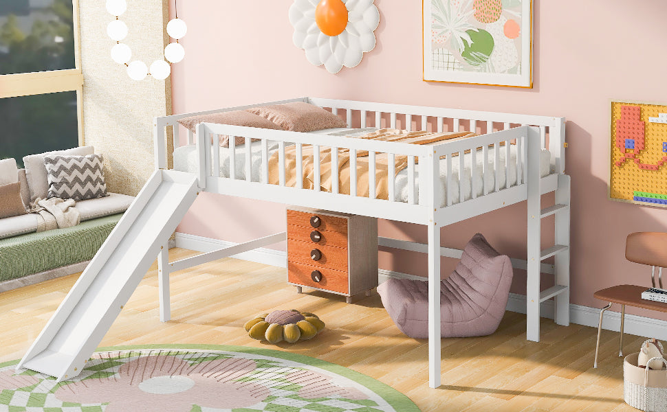 White wooden loft bed with slide and ladder ideal for childrens rooms