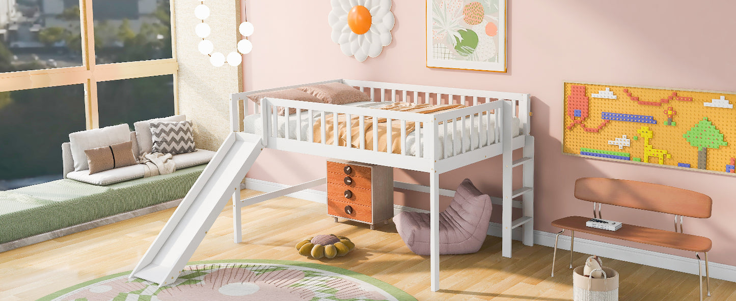 White wooden loft bed with slide for kids room