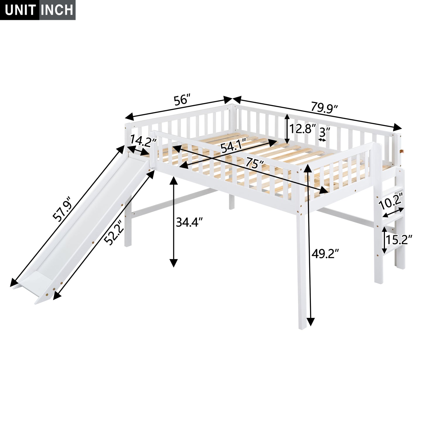 White loft bed with slide and ladder pine wood slats  L x  W