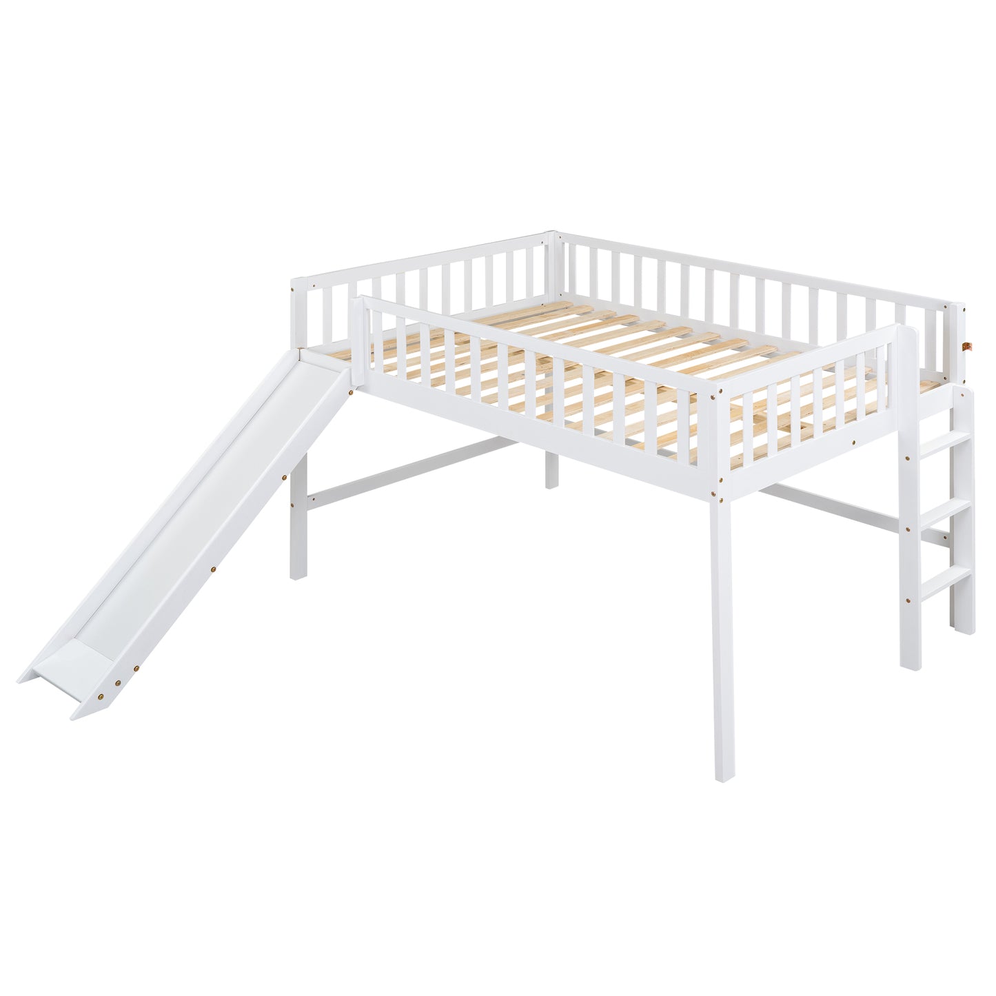 White wooden loft bed with slide and ladder