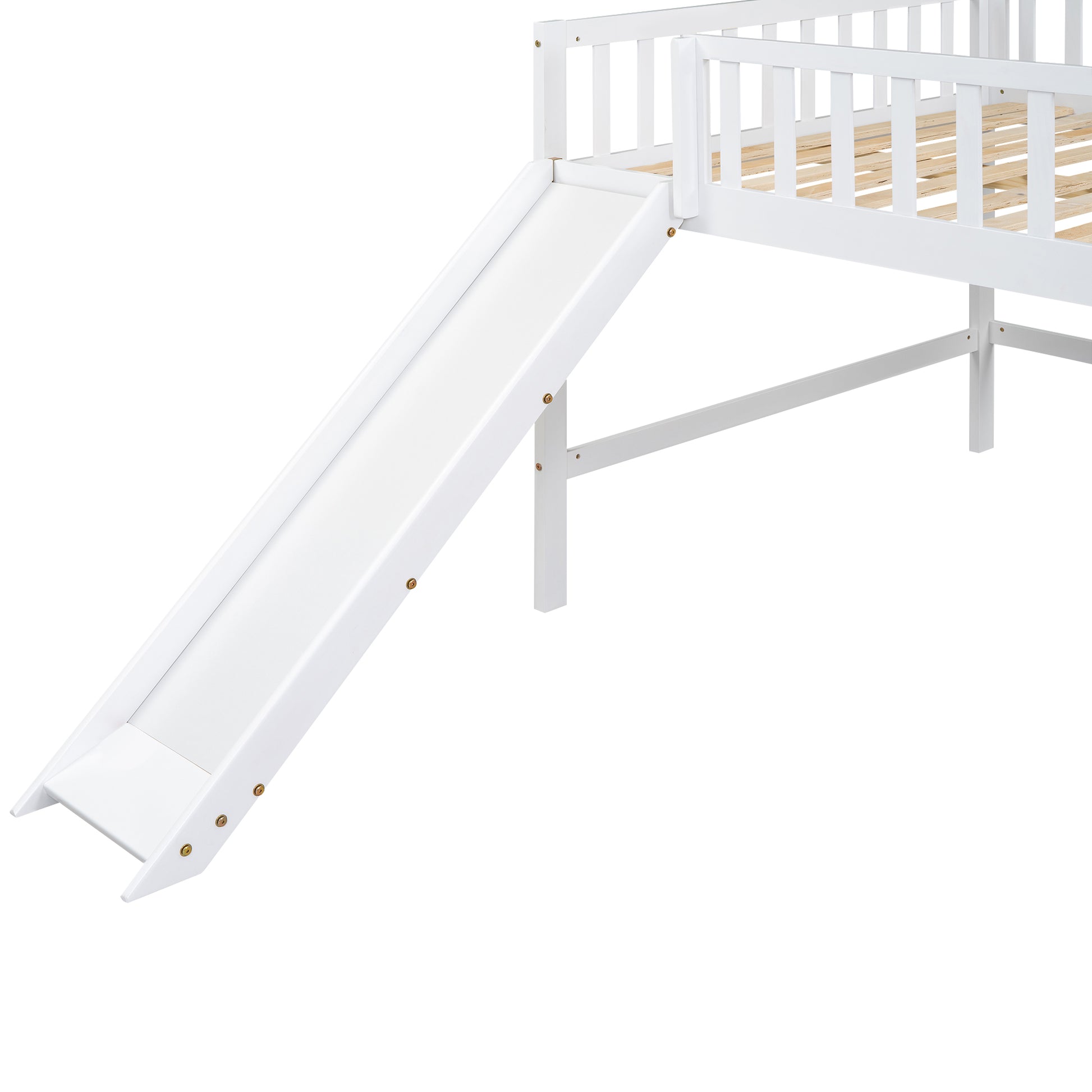 White wooden loft bed slide with guardrails for kids rooms