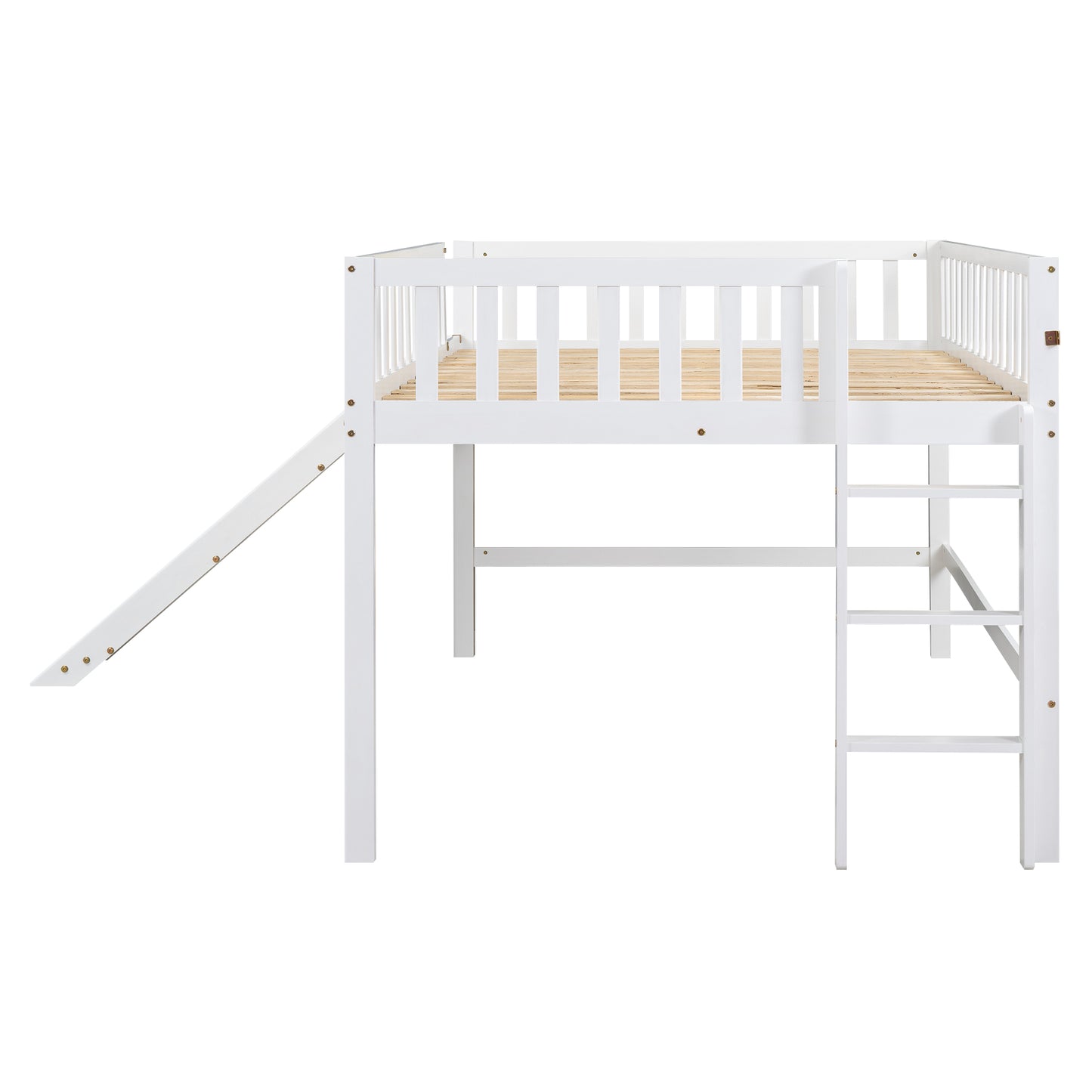 White wooden loft bed with slide and ladder for kids rooms