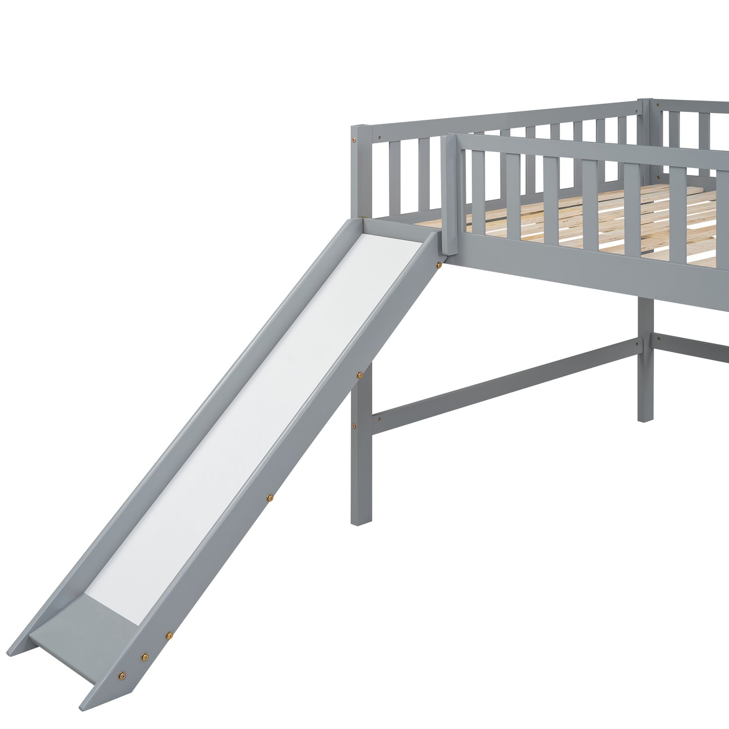 Gray wooden loft bed with a white slide