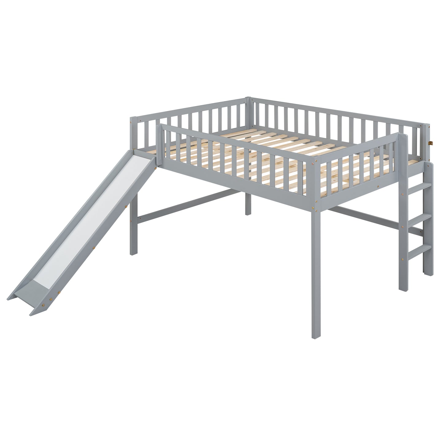 Gray wooden loft bed with slide and ladder for kids