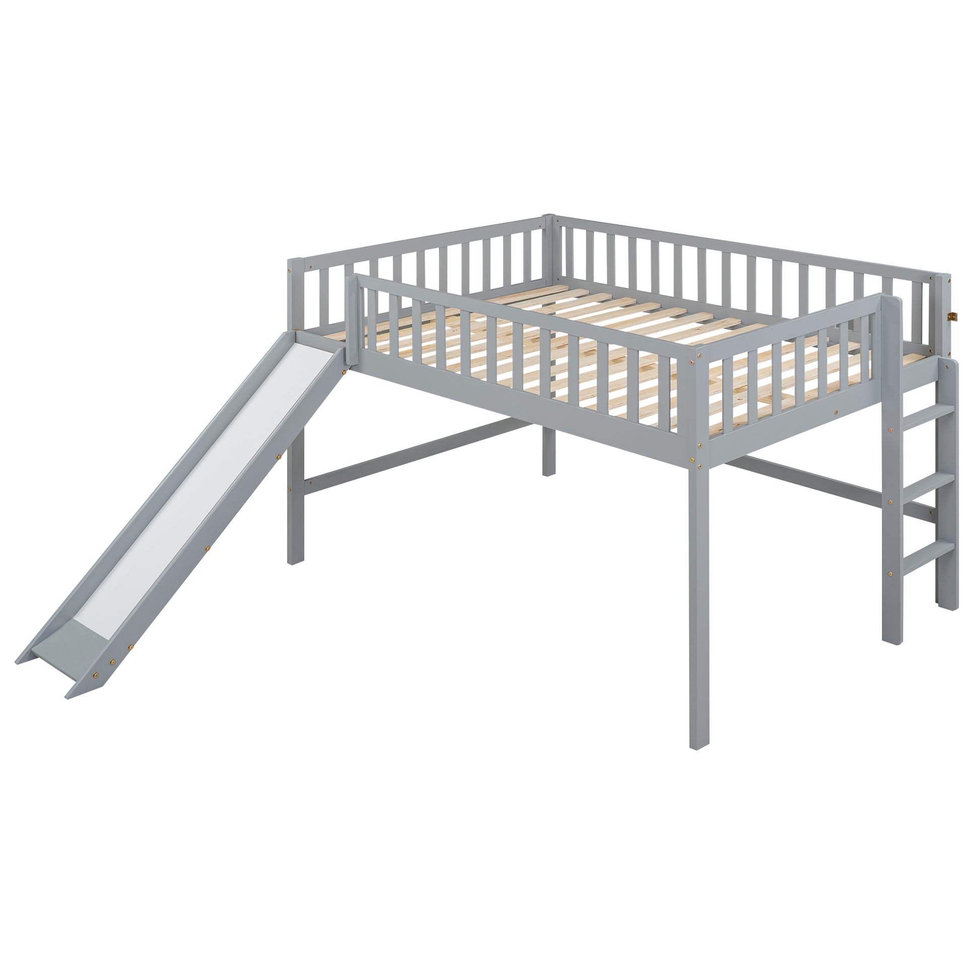 Gray wooden loft bed with slide and ladder for kids