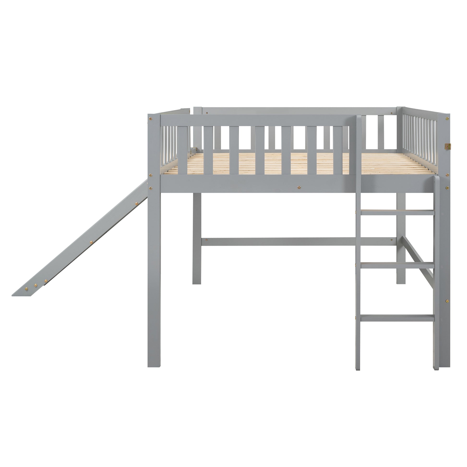 Gray wooden loft bed with ladder and slide for kids