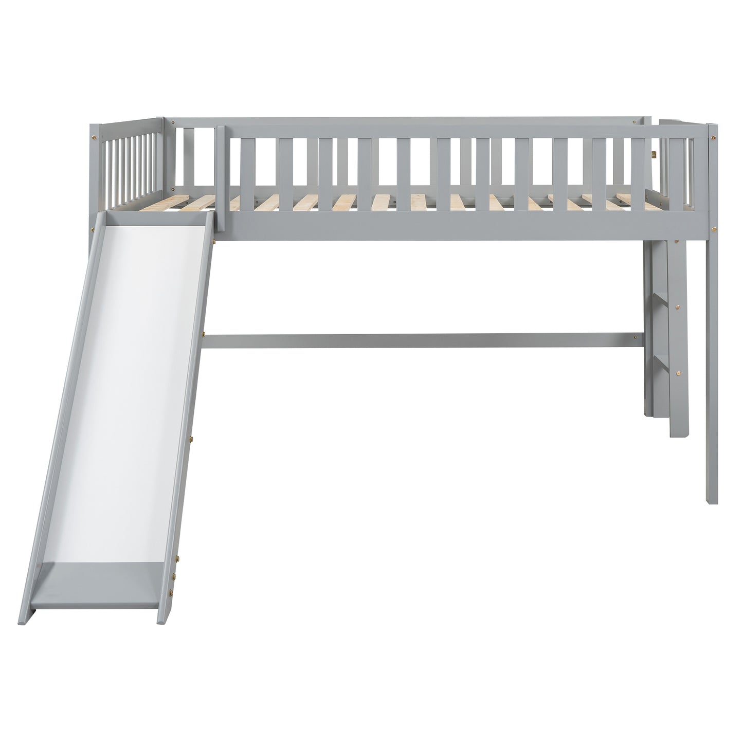 Gray wooden loft bed with a slide