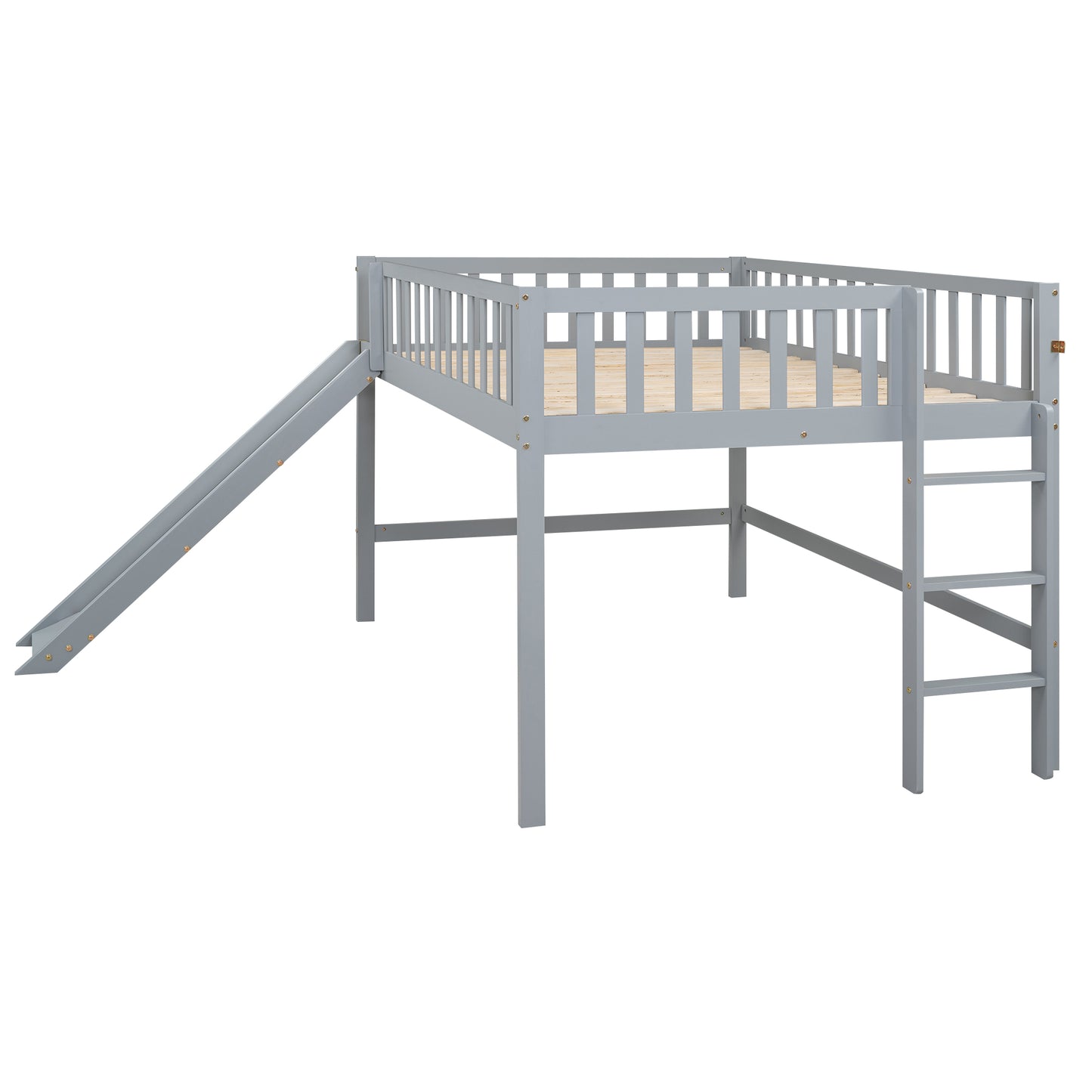 Grey wooden loft bed with slide and ladder