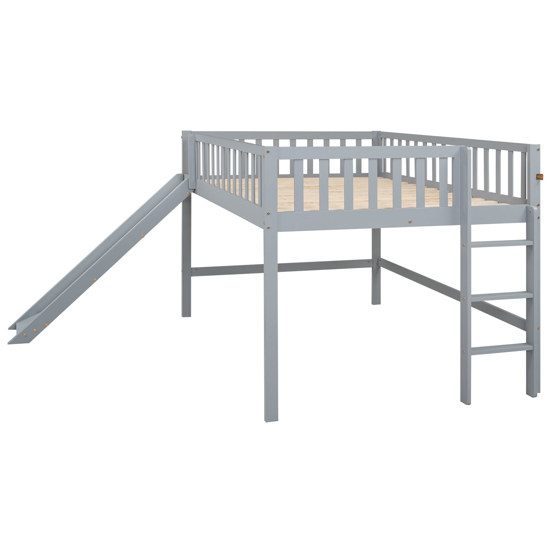 Grey wooden loft bed with slide and ladder