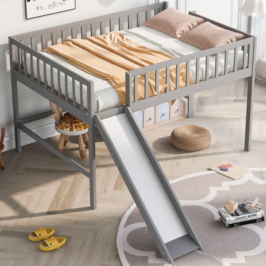 Gray wooden loft bed with slide and guardrails for kids bedroom