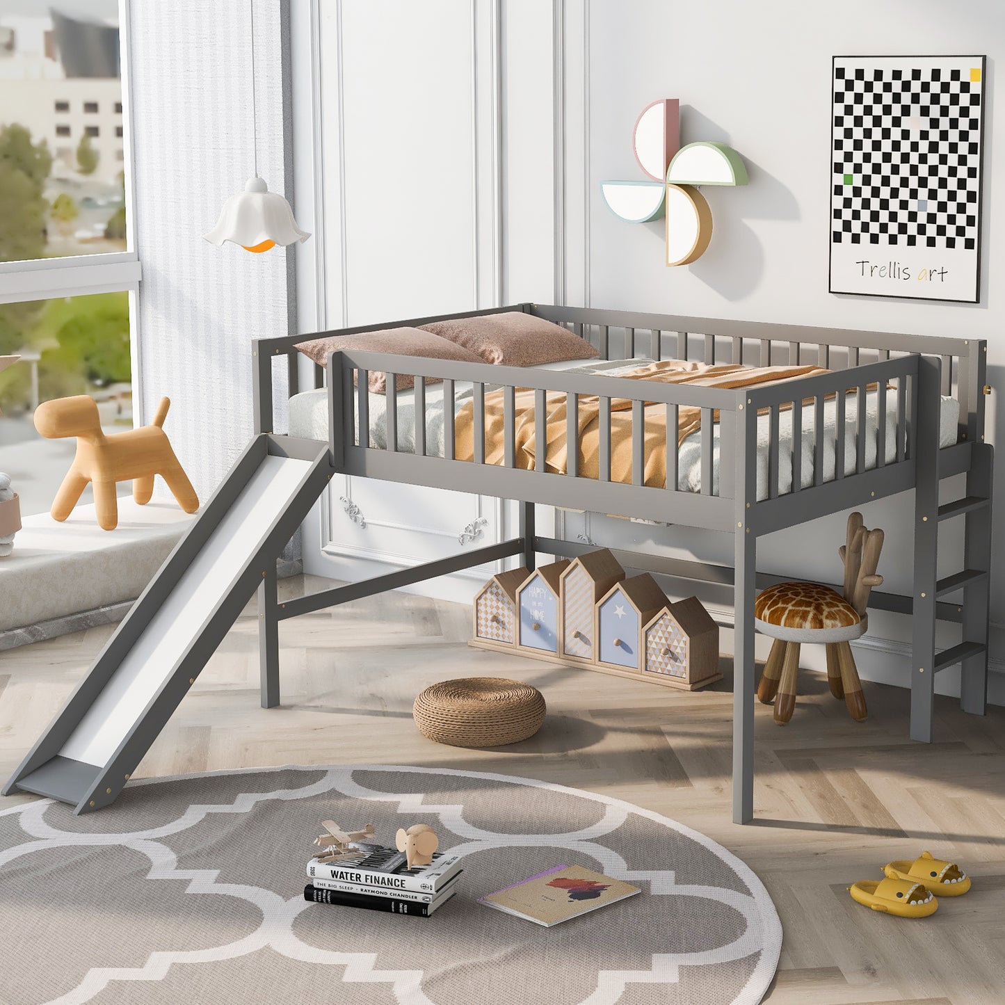 Gray loft bed with slide for kids featuring wooden railings and bedding