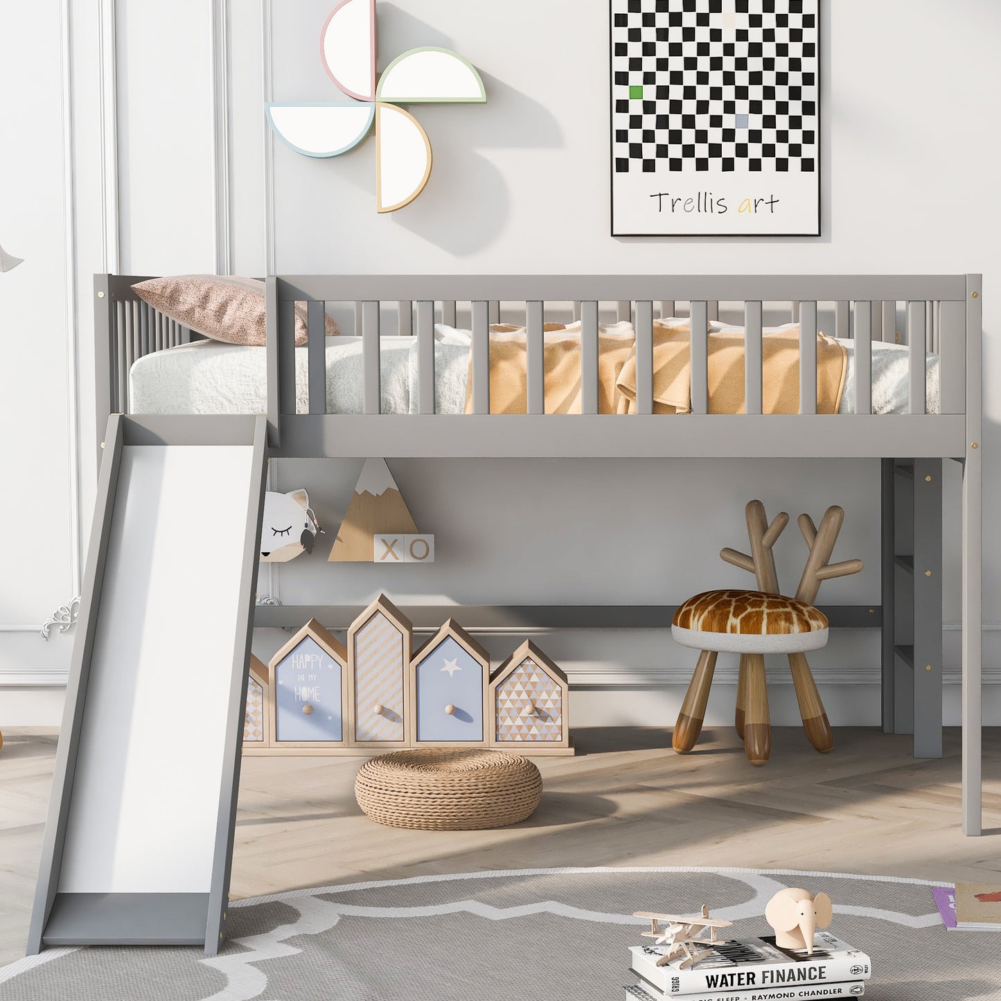 Gray loft bed with slide and playful bedding for childrens room