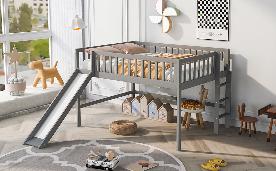 Gray wooden loft bed with slide for childrens room