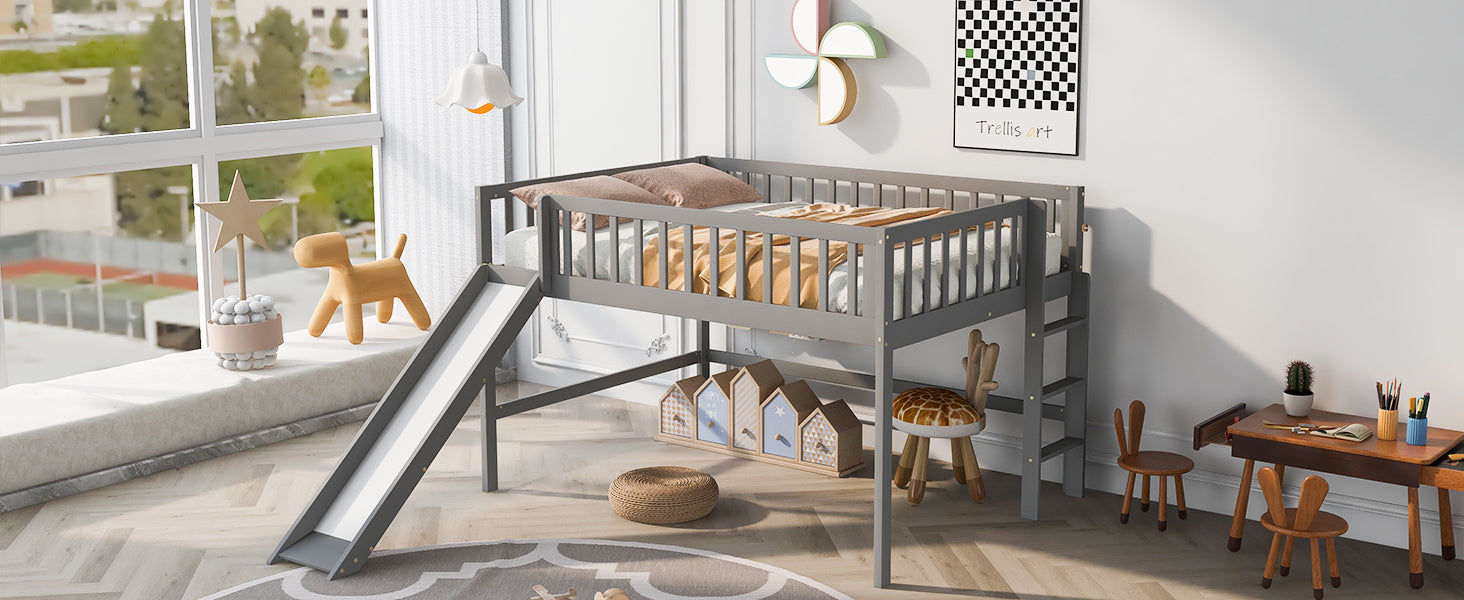 Gray wooden loft bed with slide and ladder for kids