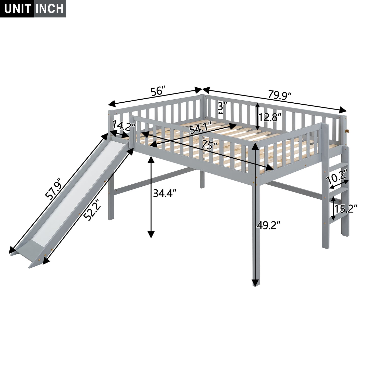 Grey loft bed with slide and ladder measuring  long ideal for kids rooms