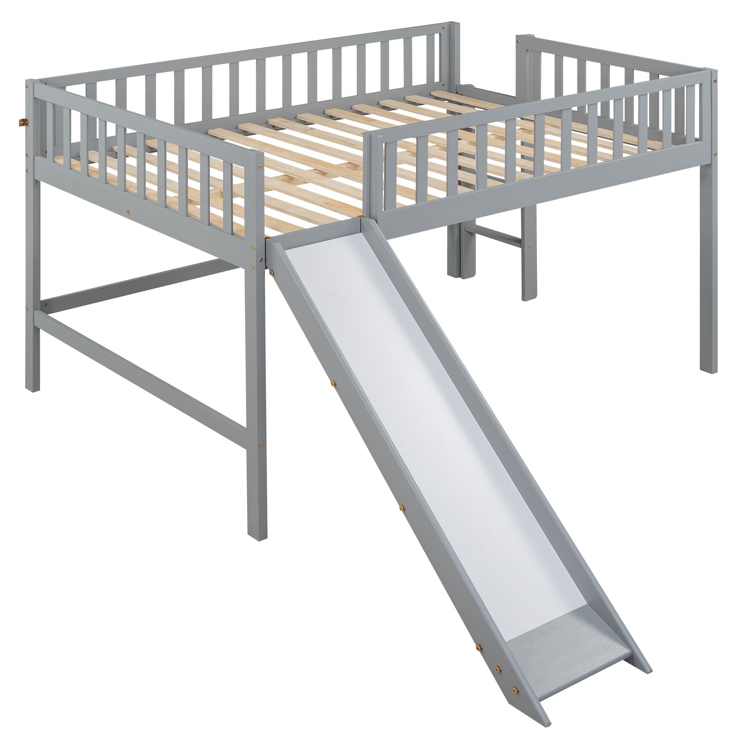 Gray wooden loft bed with slide