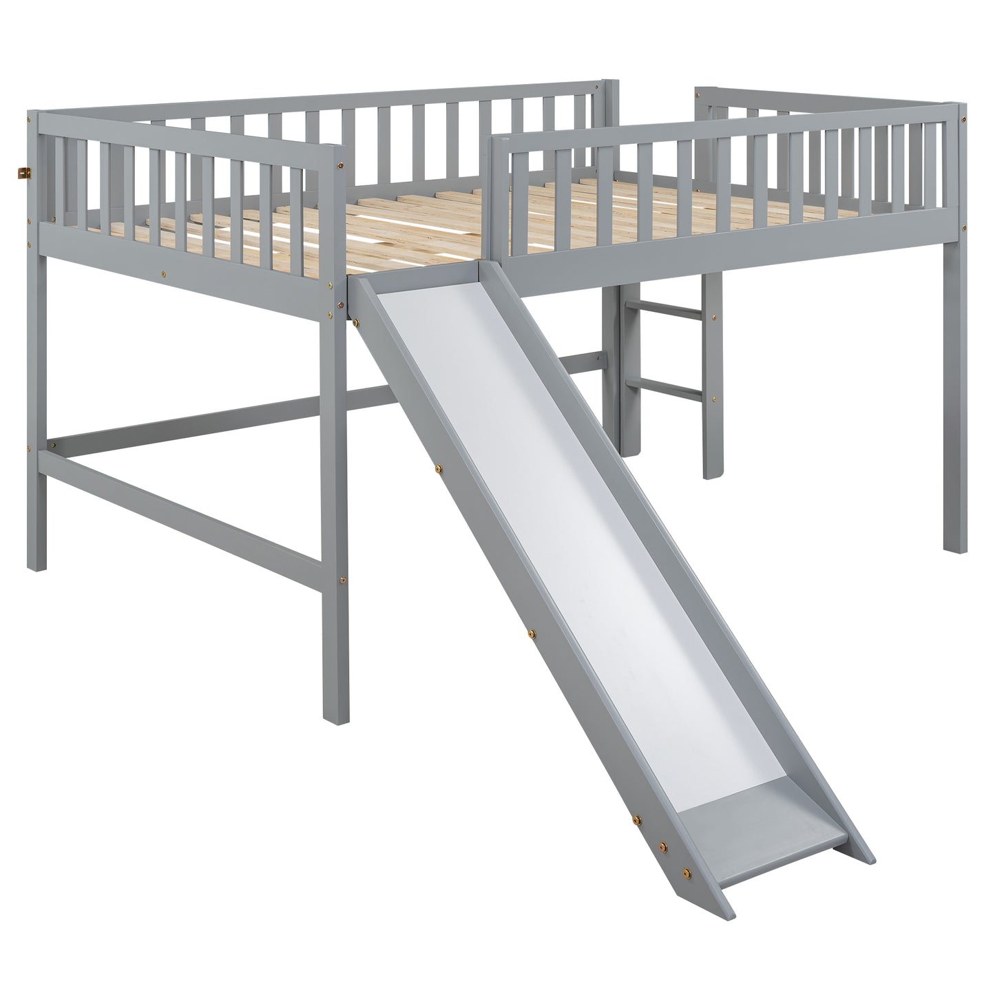 Grey wooden loft bed with slide and ladder for kids