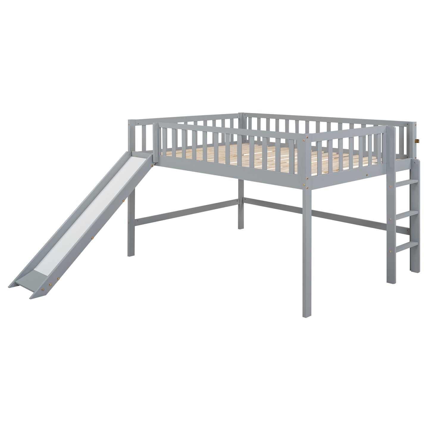 Gray wooden loft bed with slide and ladder perfect for kids playrooms