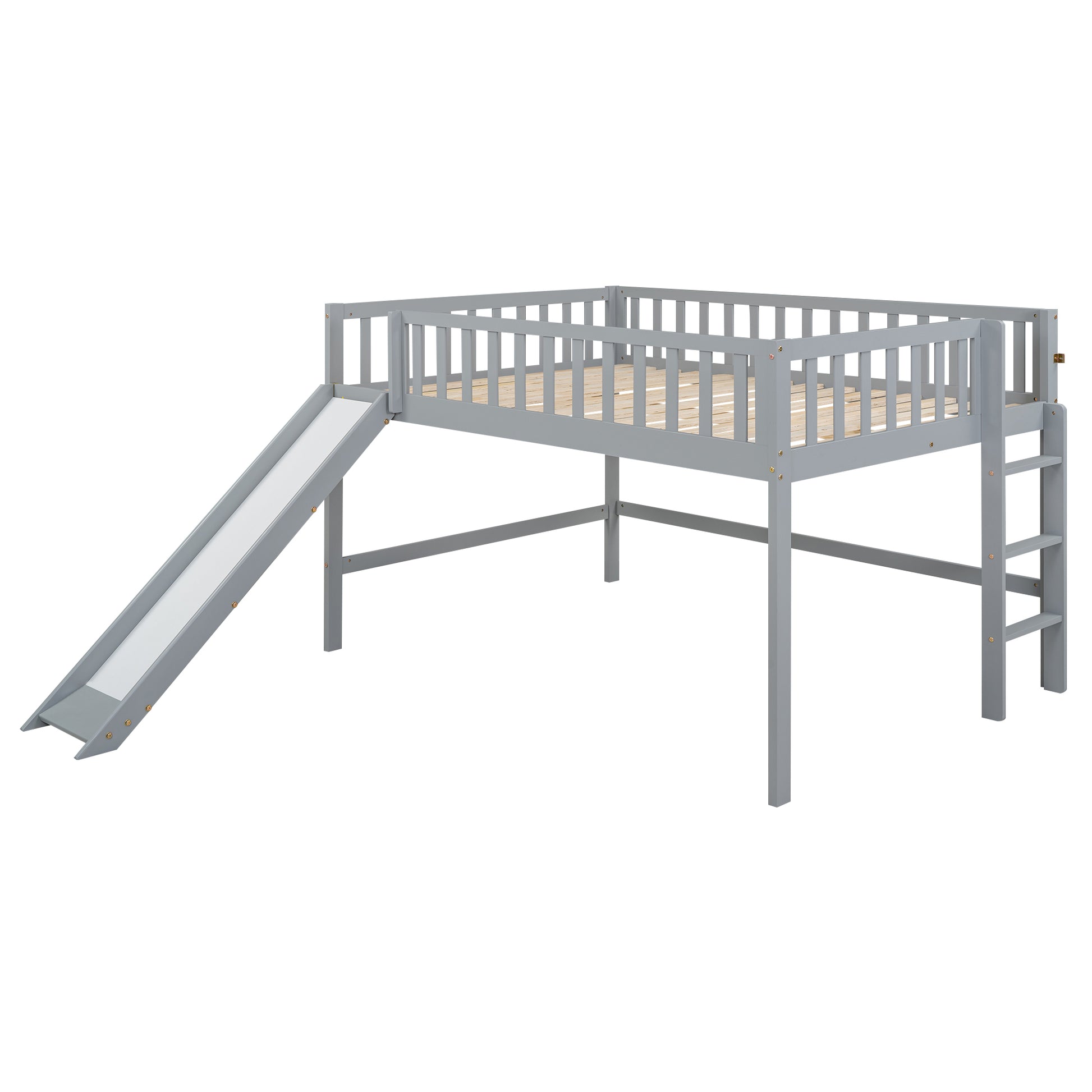 Gray wooden loft bed with slide and ladder perfect for kids playrooms