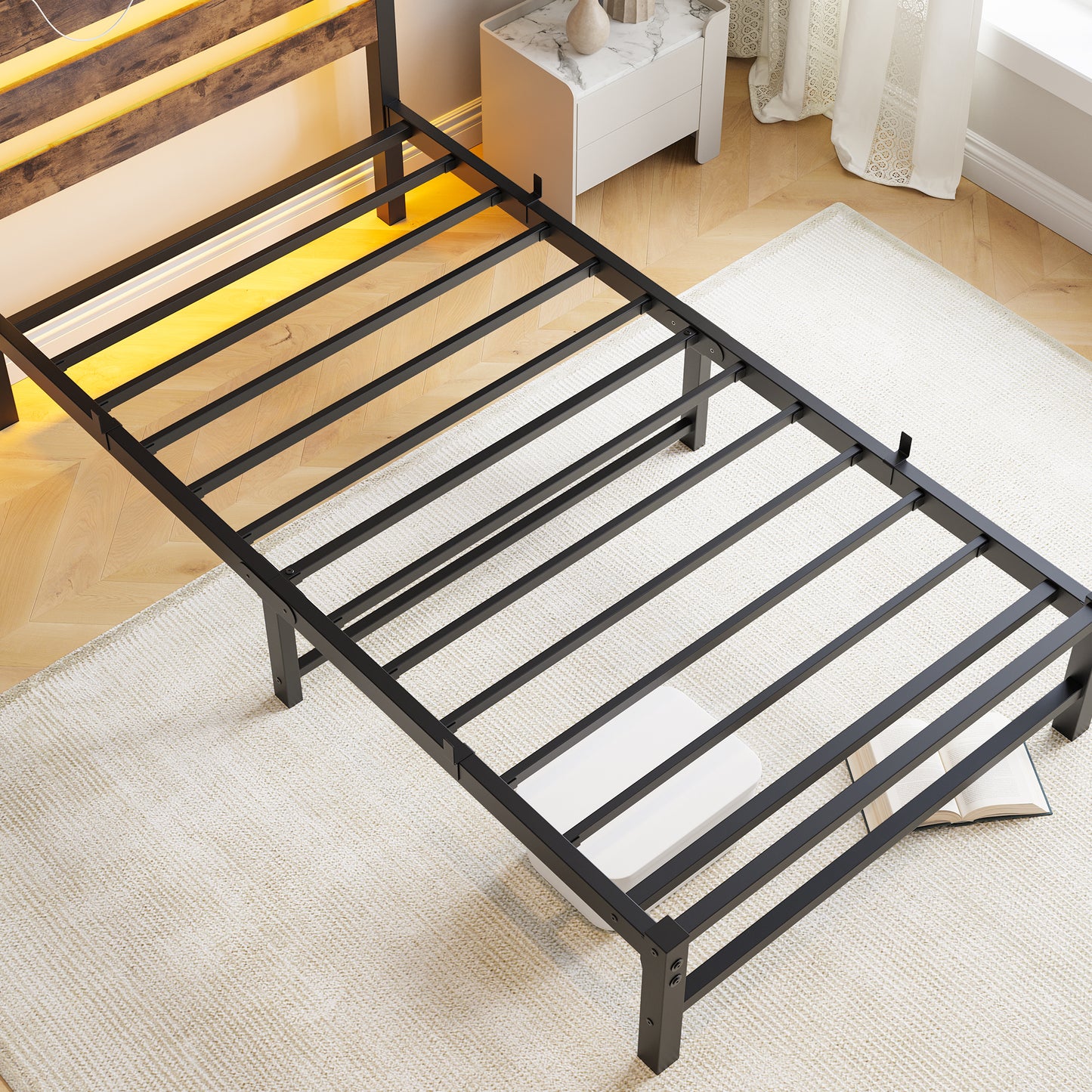 Black metal bed frame with wood headboard and LED lights