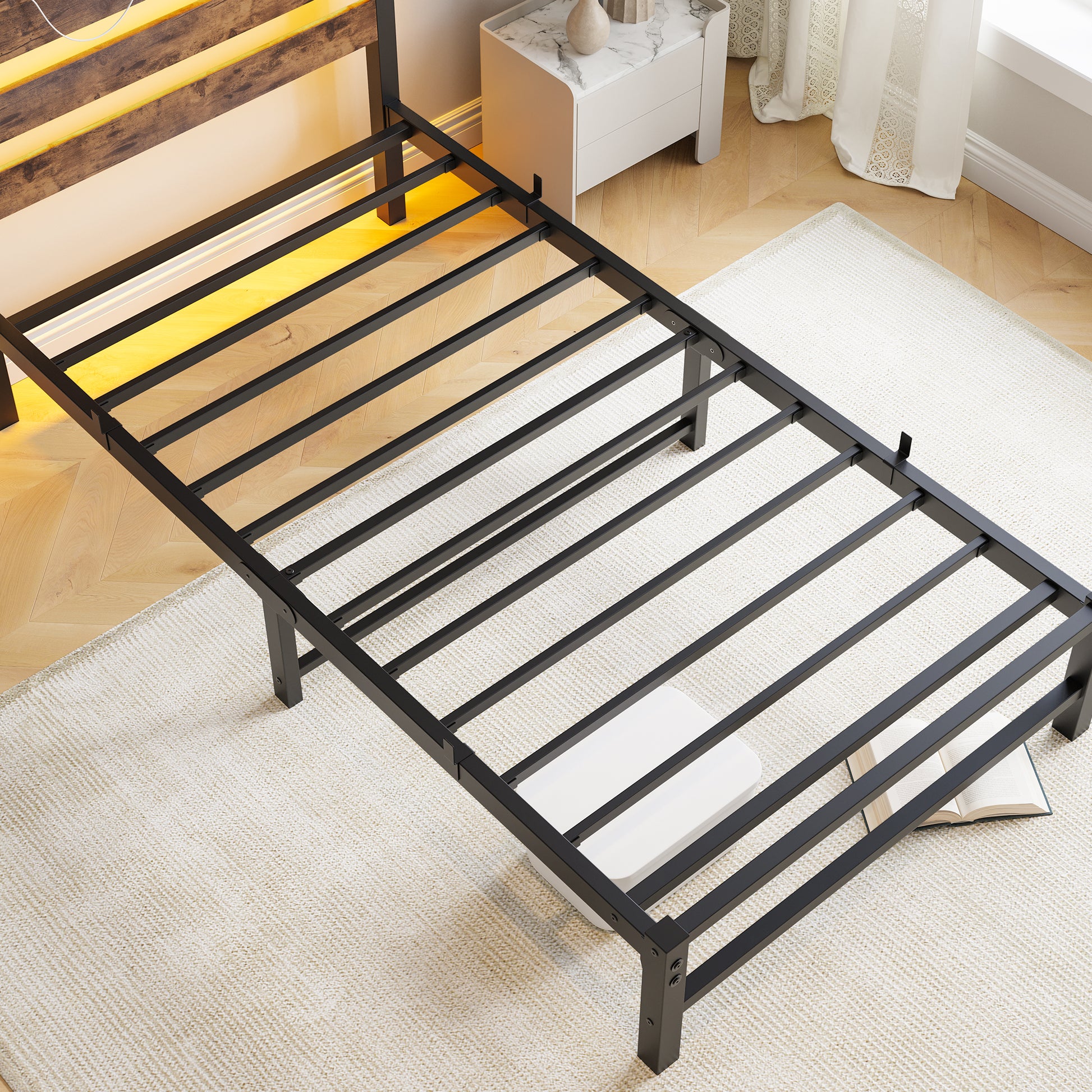 Black metal bed frame with wood headboard and LED lights