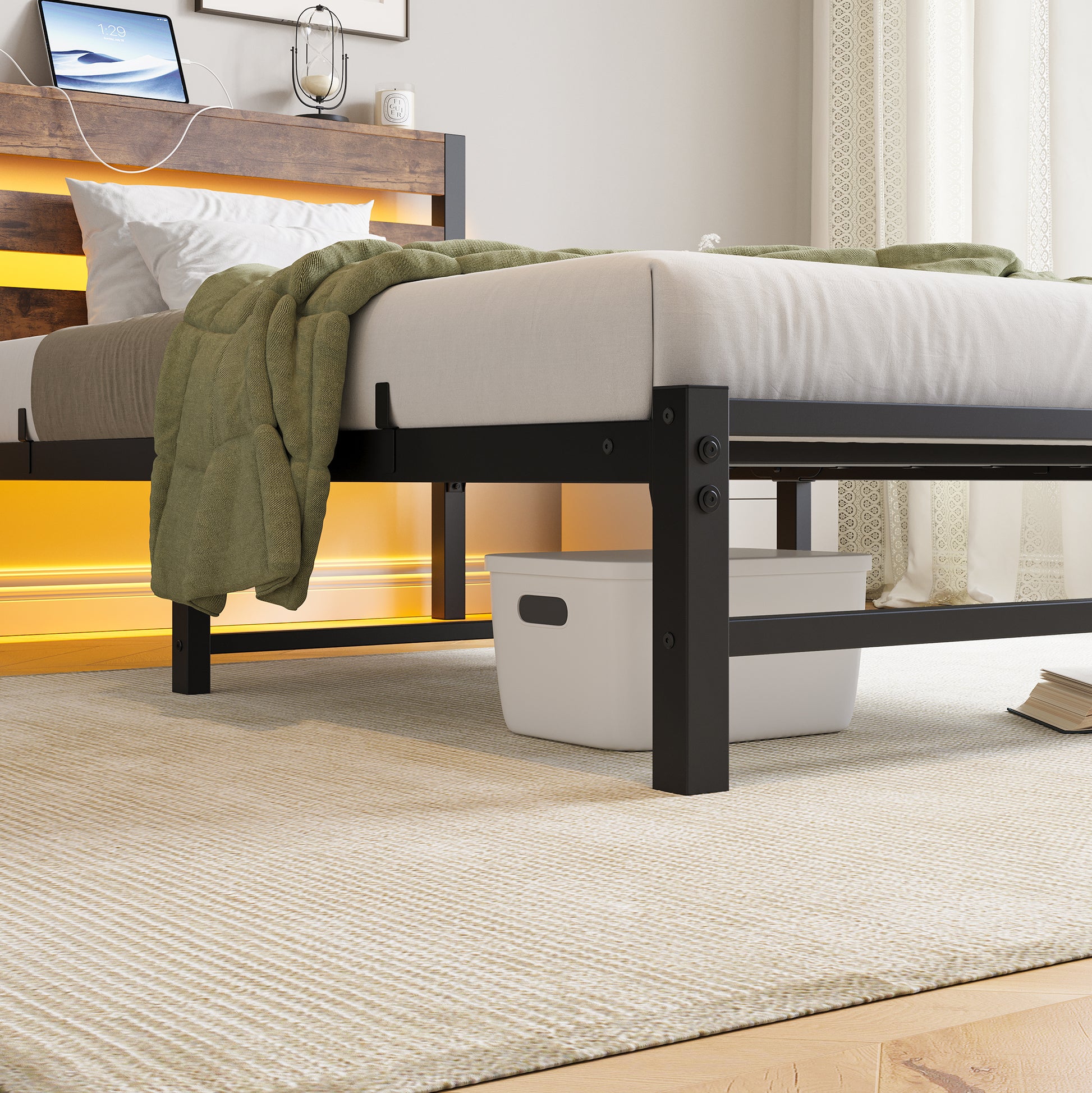 Rustic wood headboard bed frame with builtin LED lighting and USB charging ports