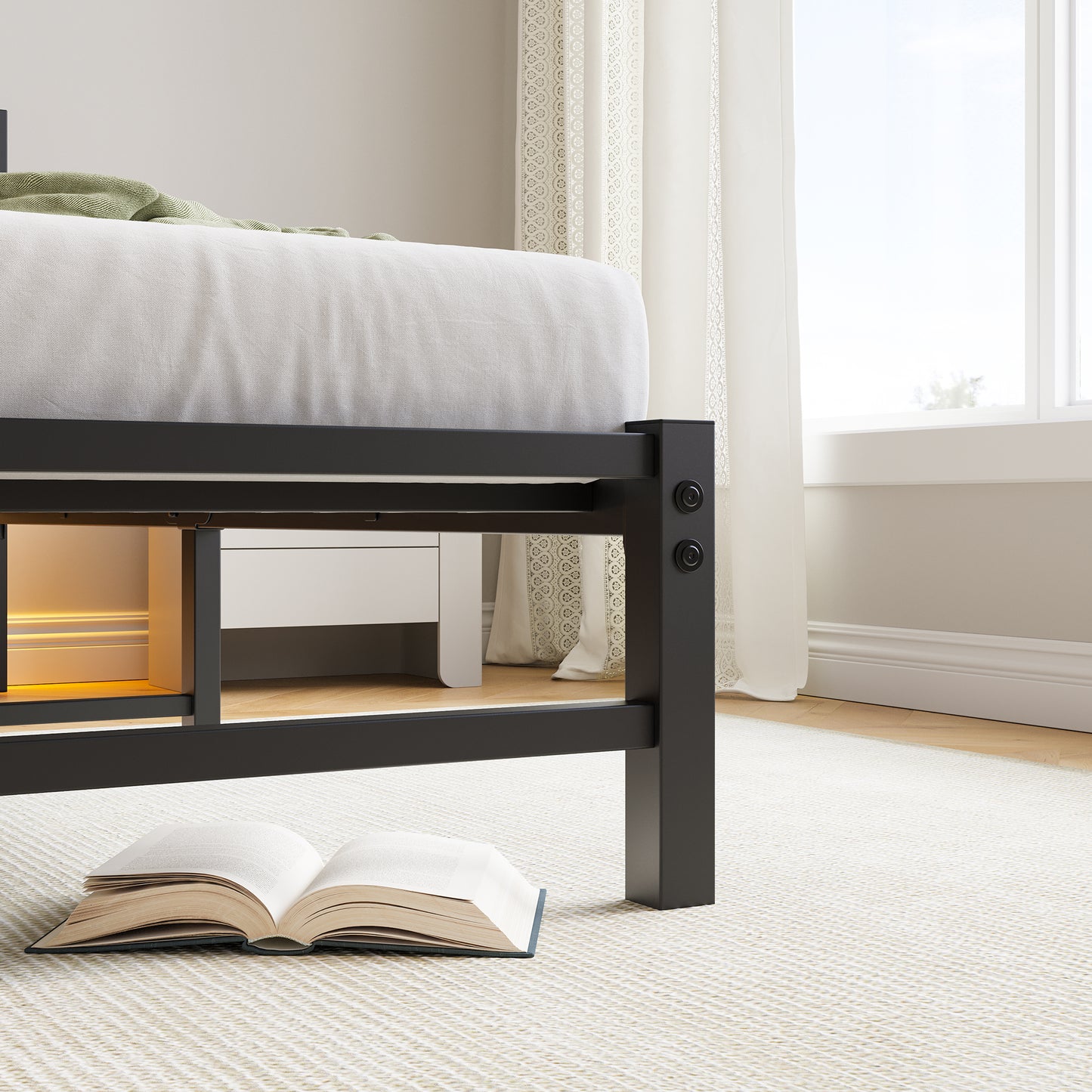 Black metal bed frame with clean lines complementing modern bedroom decor