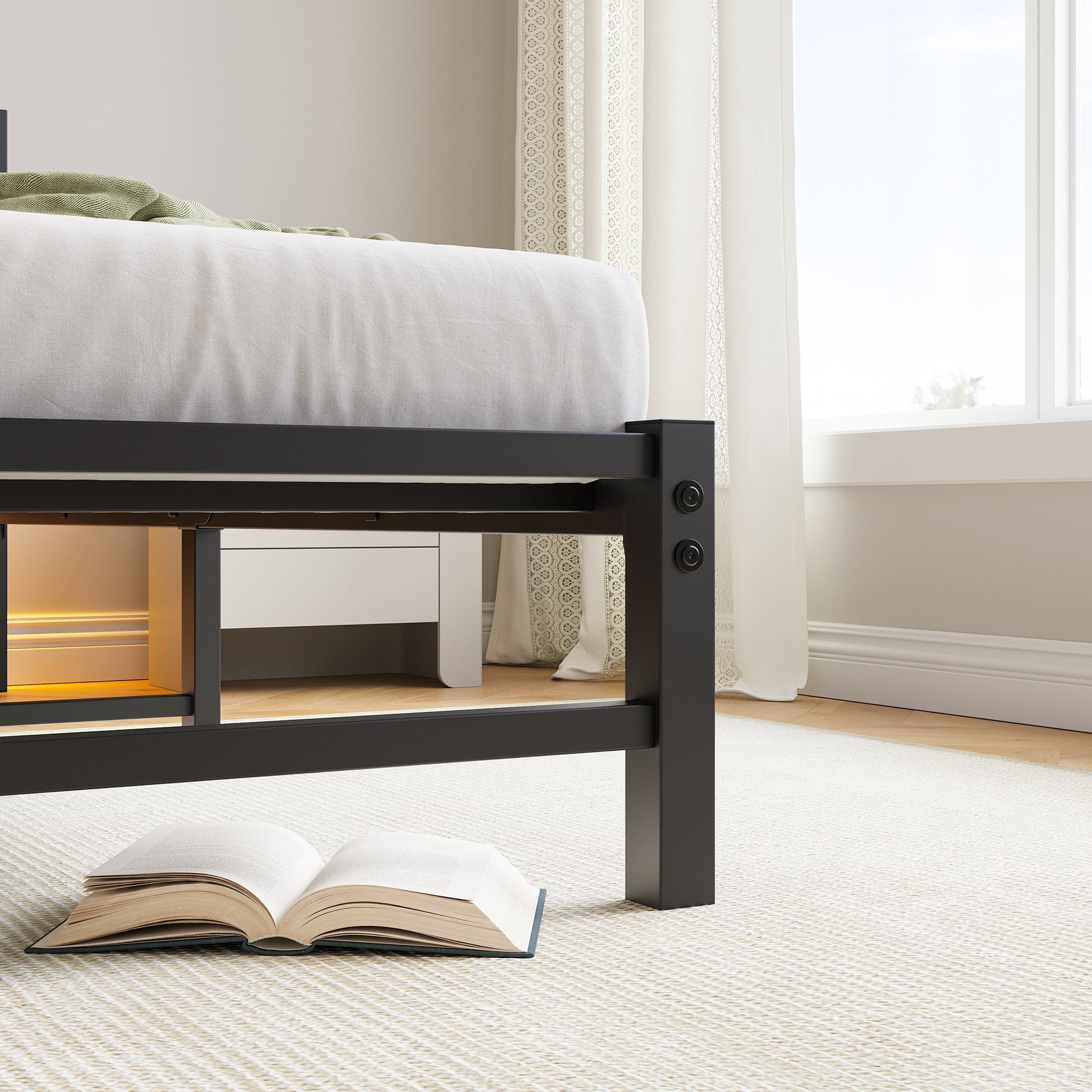 Black metal bed frame with clean lines complementing modern bedroom decor
