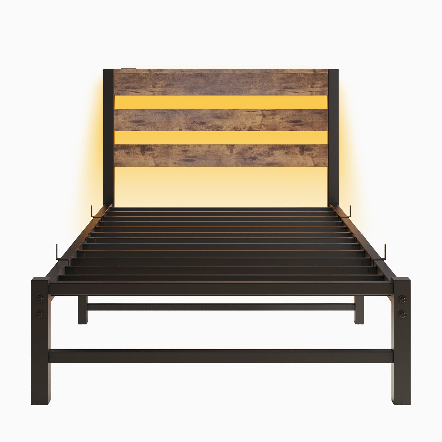 Rustic wood headboard bed frame with integrated amber lighting