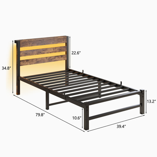 Rustic wood and black metal twin bed frame with integrated headboard