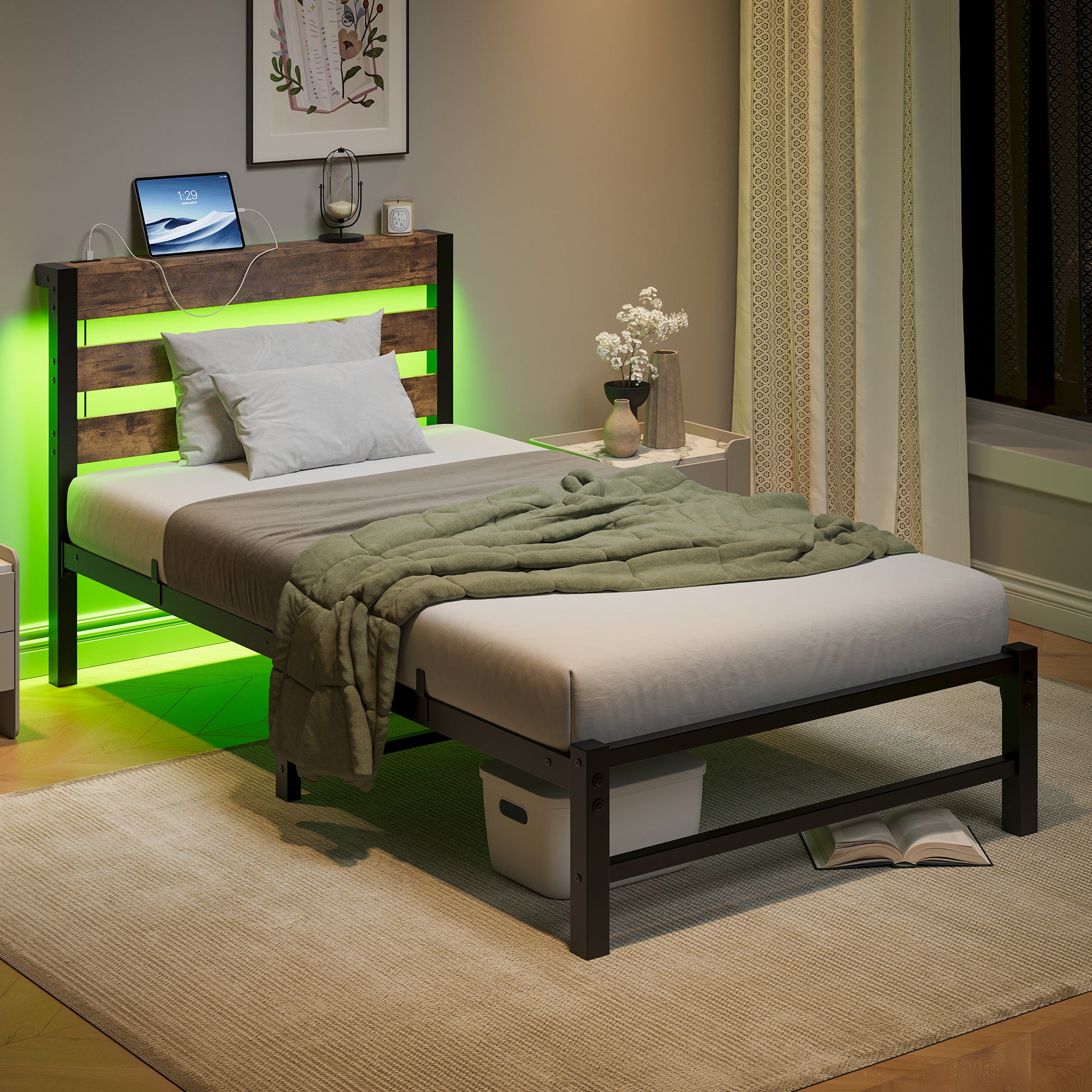 Twin bed frame with rustic wood headboard and green LED lighting