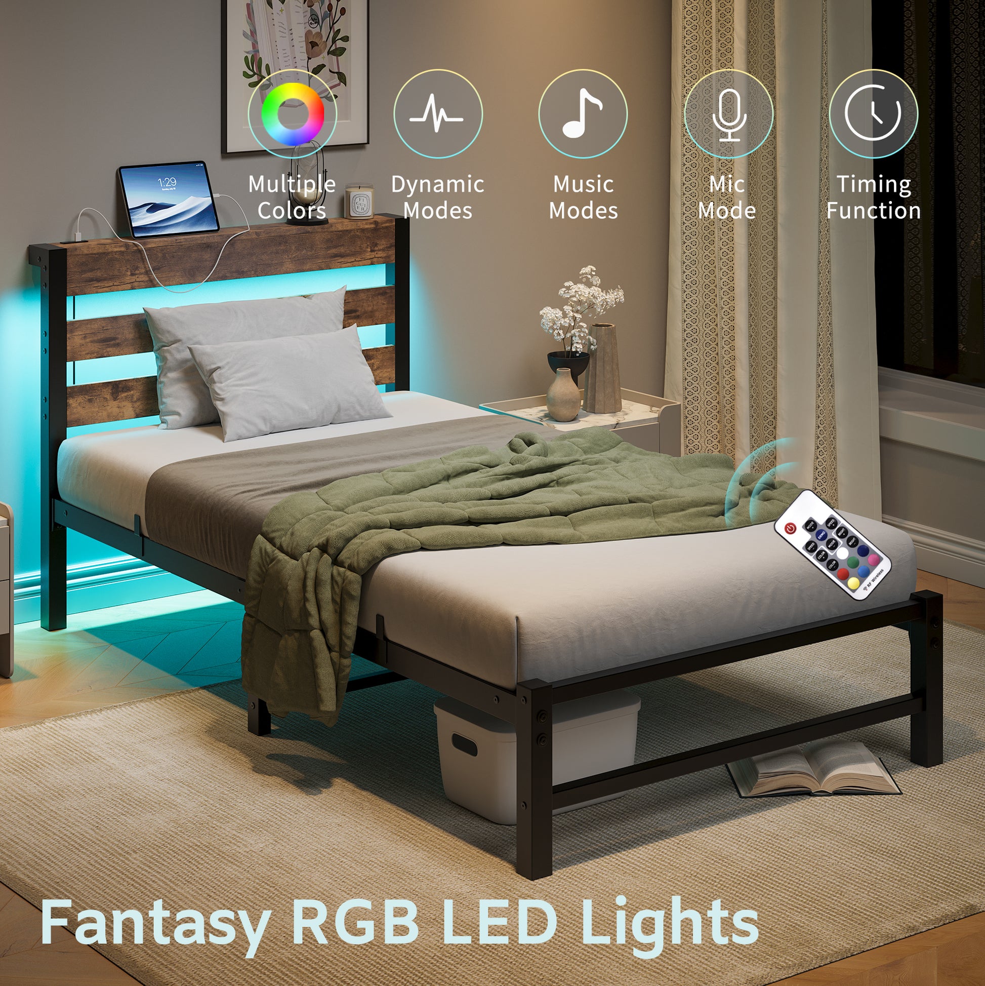 Rustic wood and metal bed frame with multicolor RGB LED headboard lights