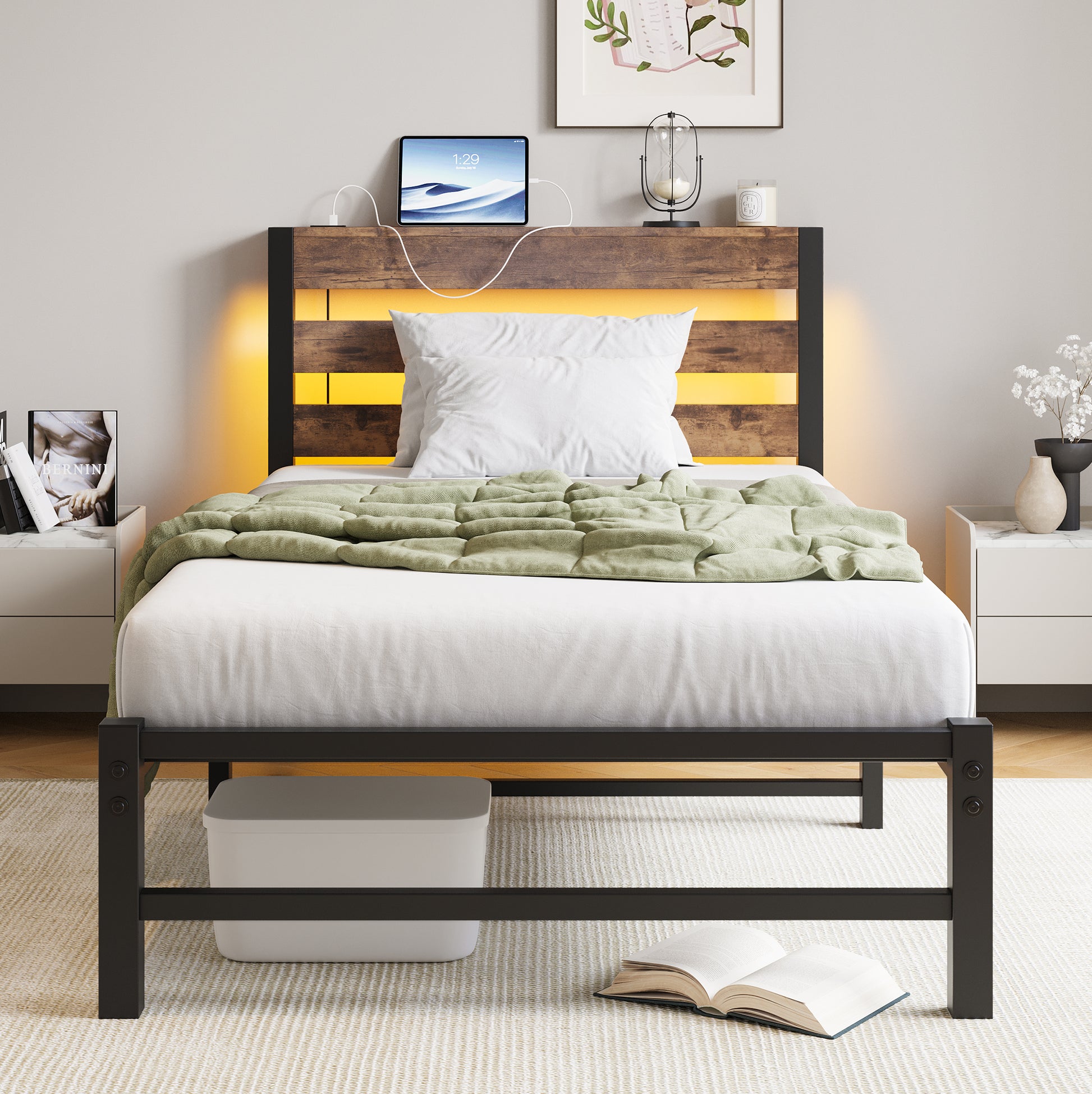 Rustic wood headboard bed frame with LED lighting and USB ports