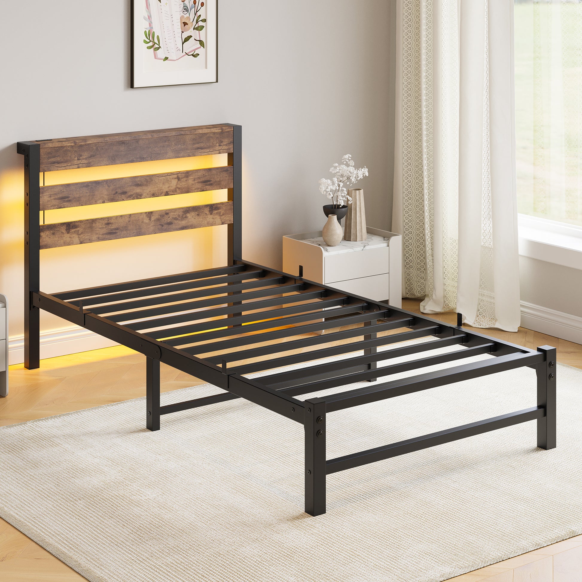 Industrial style twin bed frame with rustic wood headboard and LED lights
