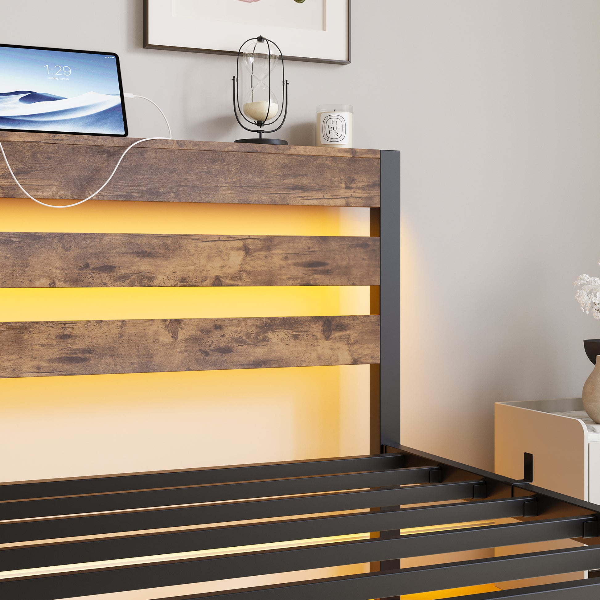 Wood grain bed frame with integrated LED lighting for ambiance