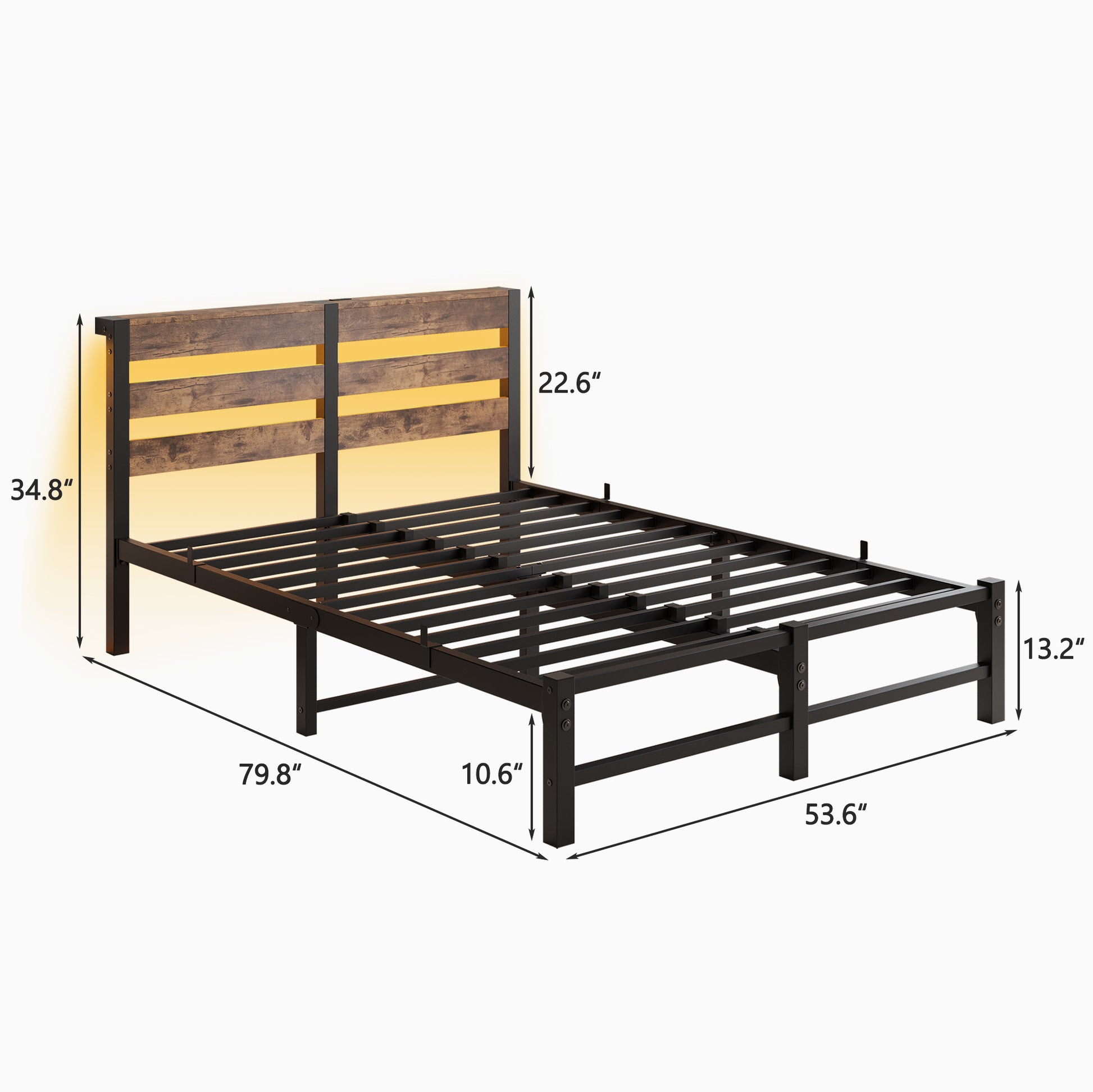 Rustic wood and metal platform bed frame with LED headboard