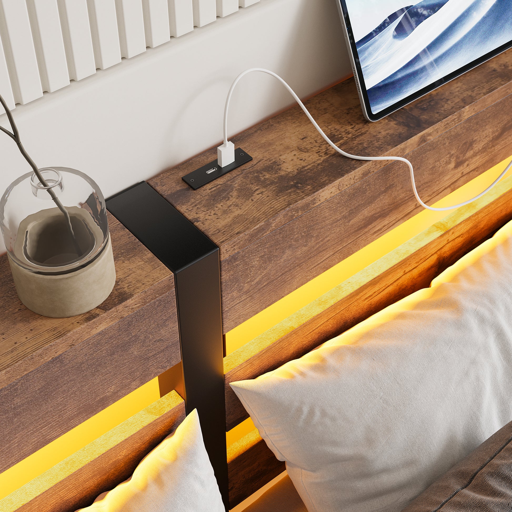 Wood grain nightstand with integrated USB charging