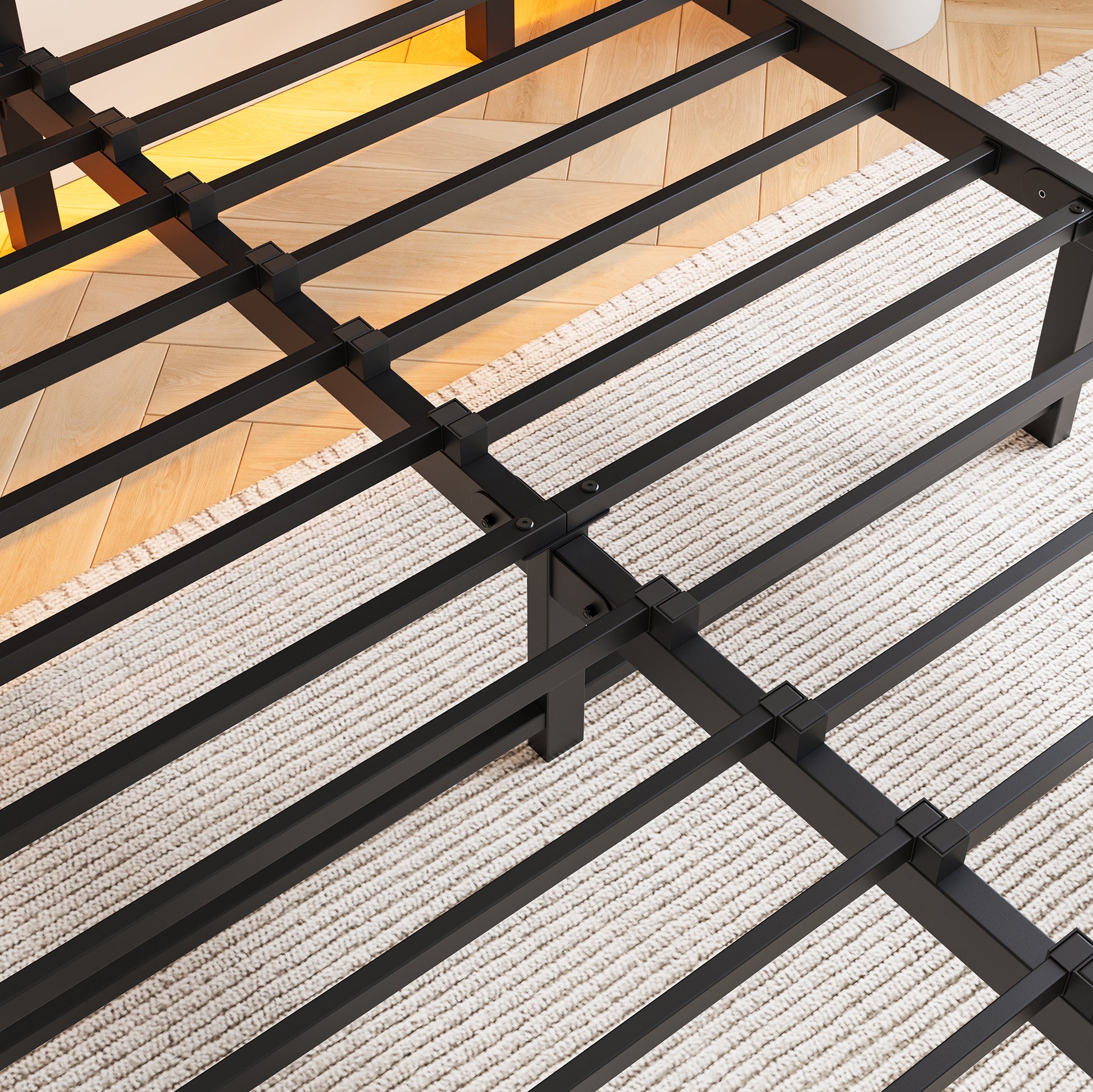 Black metal platform bed frame with sturdy steel slats for mattress support