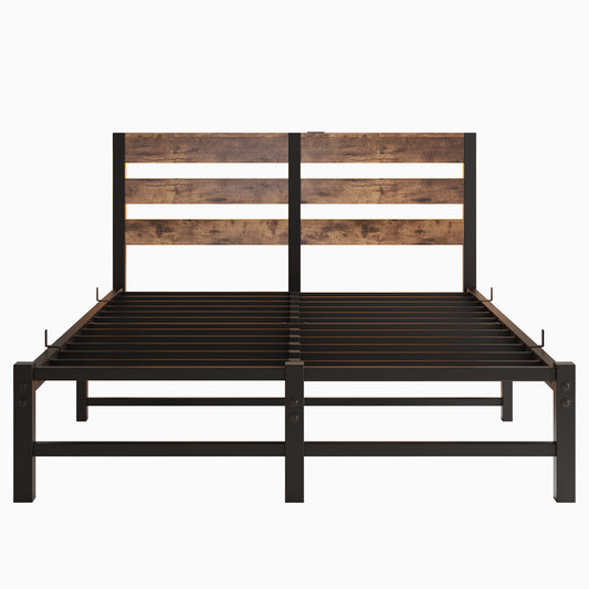 Rustic wood and black metal platform bed frame with slatted headboard