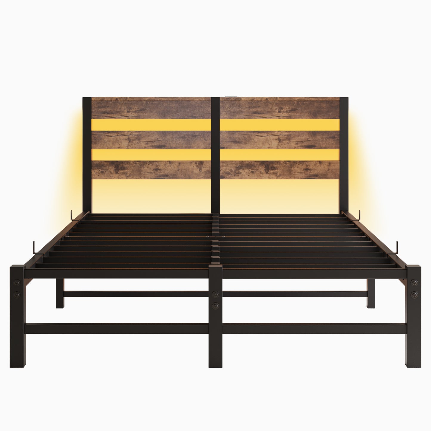 Rustic wood and yellow LED headboard on a black metal bed frame